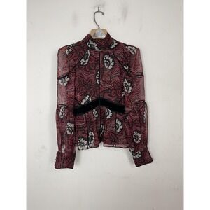 Ted Baker Blouse Womens 2 Sheer Red Black Floral Gothic Whimsigoth Button Cuff